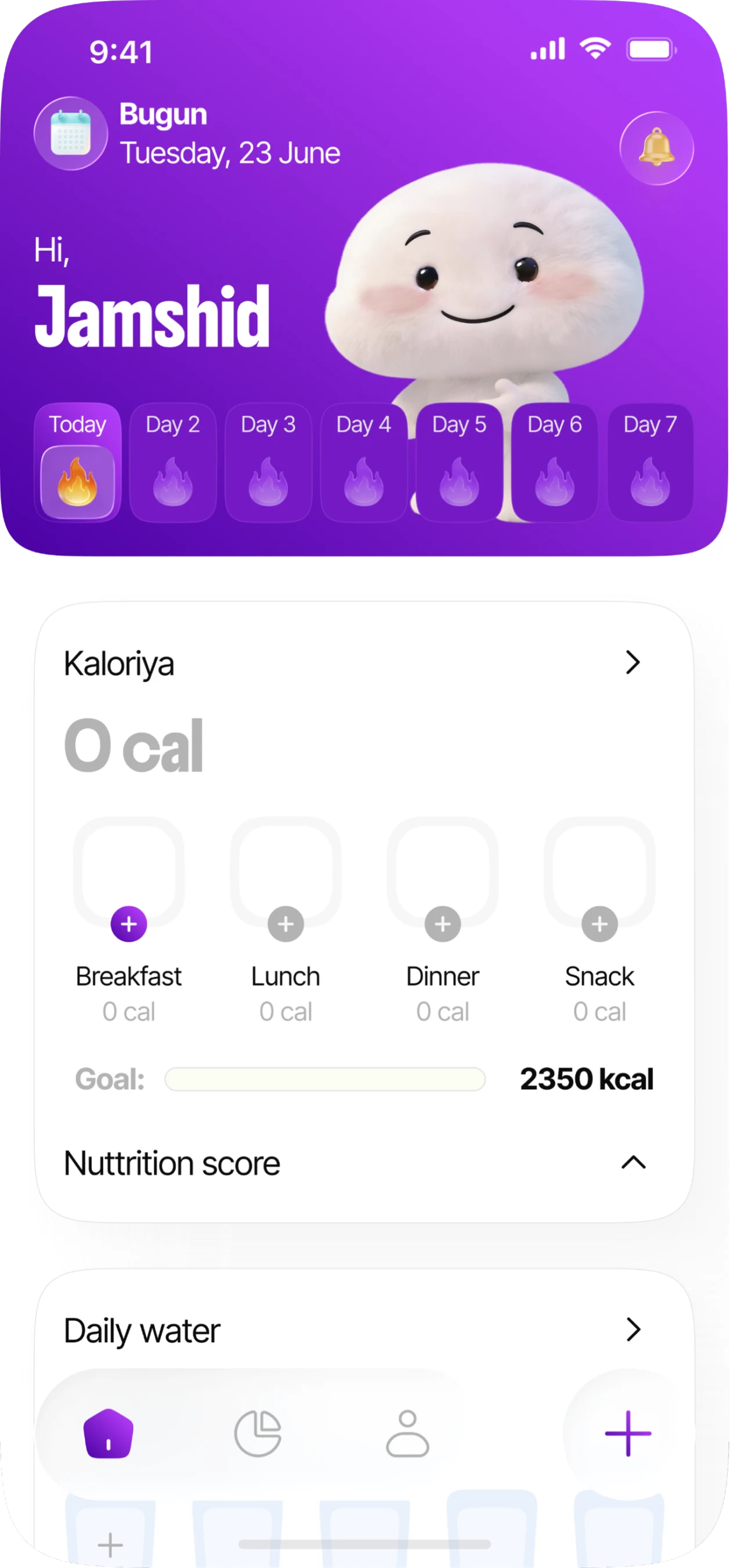 +Fit app home screen showing daily calories and streak